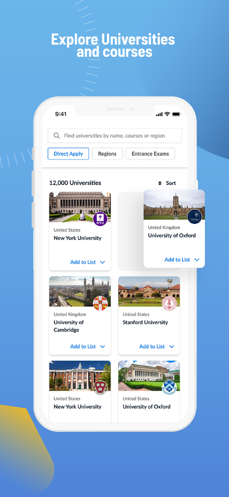 Cialfo - Écran de l'application Cialfo montrant une interface de recherche d'universités et de collèges mondiaux pour les admissions des étudiants