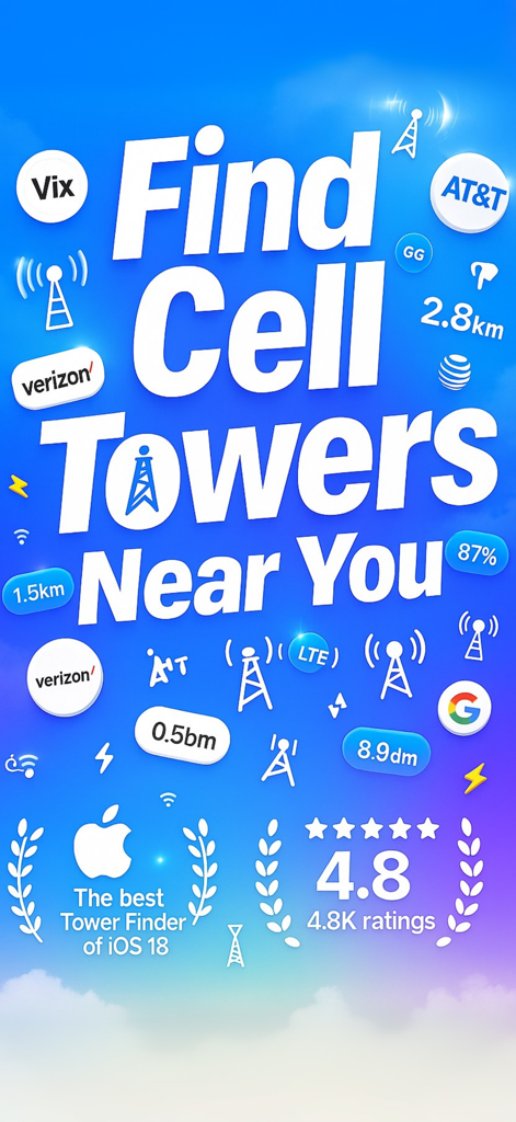 cellular signal strength - Gráfico promocional para la aplicación de intensidad de señal celular que muestra el texto Encuentra Torres Celulares Cerca de Ti junto con logotipos de operadores como Verizon y AT&T