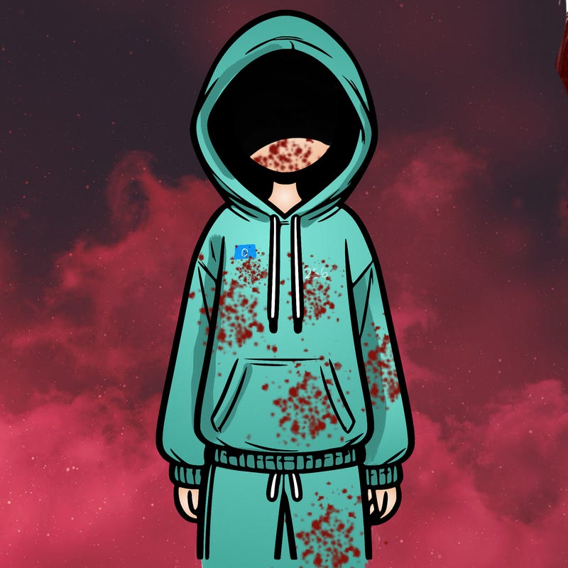 faceless girl in a tracksuit with a hood on and no hair