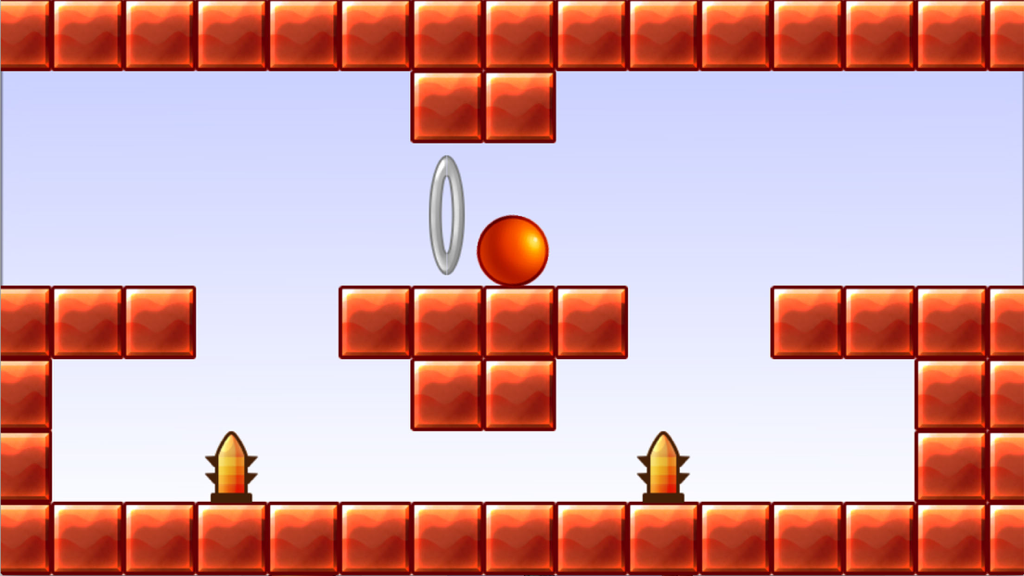 Captura de tela da jogabilidade de Bounce Original Back apresentando uma bola vermelha em plataformas de tijolos com um anel prateado e espinhos.