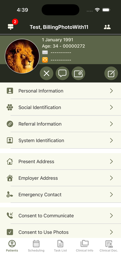 PatientNow - Mobile app interface of PatientNow displaying a patient profile with sections for personal and clinical information.