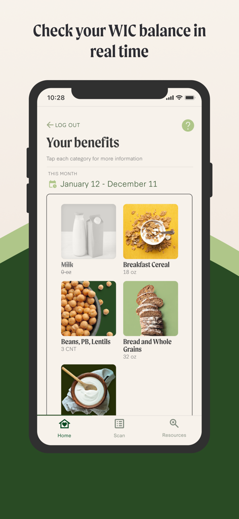 Lulo: WIC Shopping - スマートフォンのLuloアプリ「特典」画面には、WIC食品カテゴリとリアルタイム残高が表示されています。