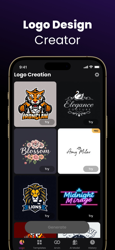 Arvin AI Logo Maker app interface showing diverse logo templates including sports floral and minimalist designs