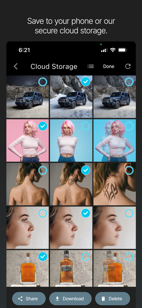 Camera Overlay for Business - Ein Bildschirm, der die sichere Cloud-Speichergallerie in der Kamera-Überlagerung für Unternehmen-App mit organisierten professionellen Fotos zeigt