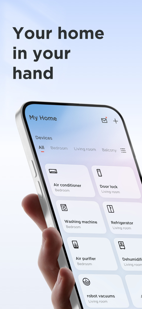 A smartphone screen displaying the TCL Home app interface with icons for various smart home devices like air conditioner and robot vacuum