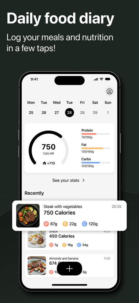 CalZen AI Food Calorie Counter - CalZen KI App-Oberfläche, die ein tägliches Ernährungstagebuch mit Kalorien- und Makronährstoffverfolgung anzeigt