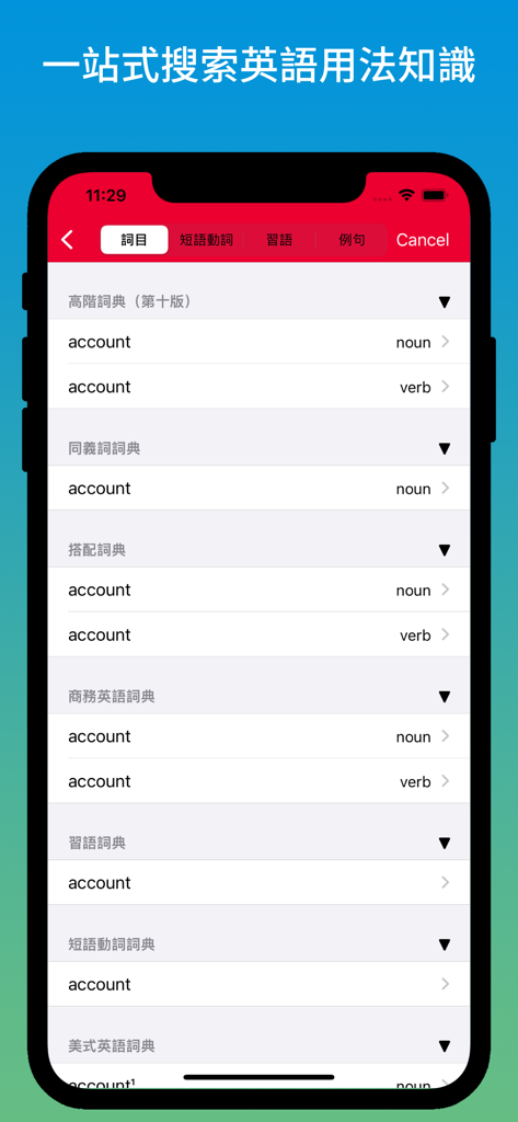 Screenshot of the Oxford English-Chinese Dictionary app showing integrated search results for the word account across multiple dictionaries including Advanced Learner's, Thesaurus, and Business English.