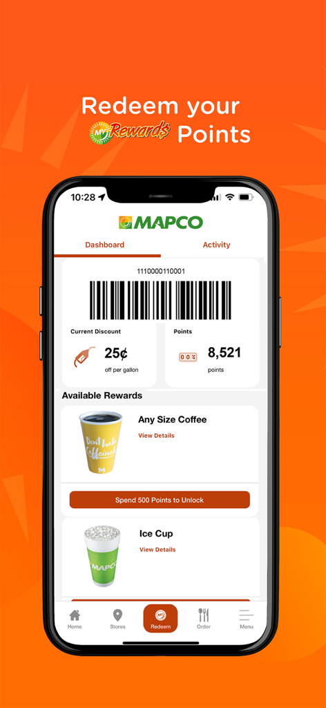MY MAPCO app dashboard showing reward points balance fuel discounts and options to redeem for coffee or ice cups