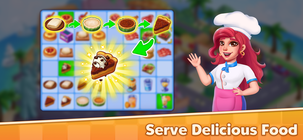 Magic Kitchen : Merge Game - A screenshot of Magic Kitchen Merge Game showing the evolution of a dessert through merging on a puzzle board next to a chef character.
