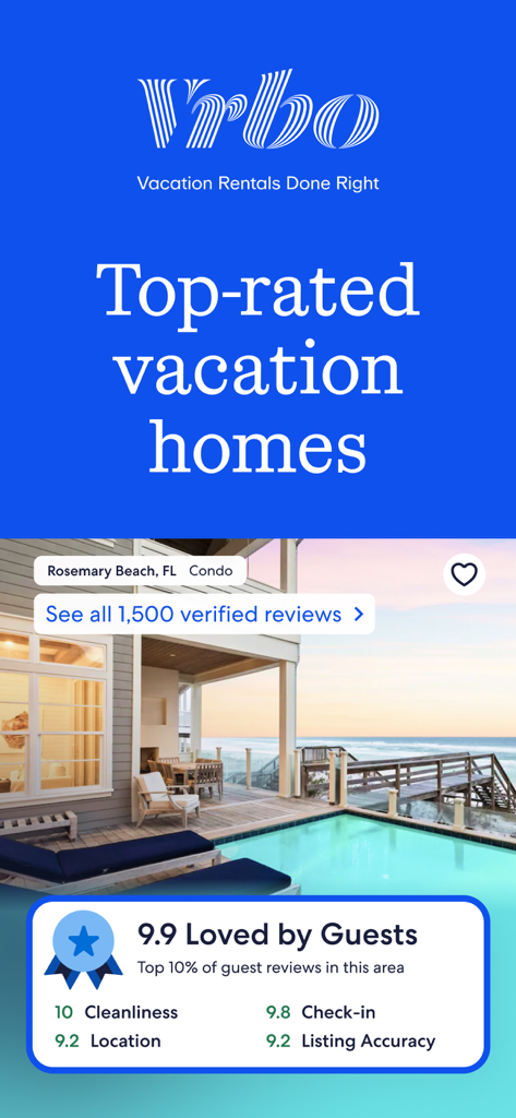 Vrbo app showing a top rated luxury beach house with high guest ratings and a private pool