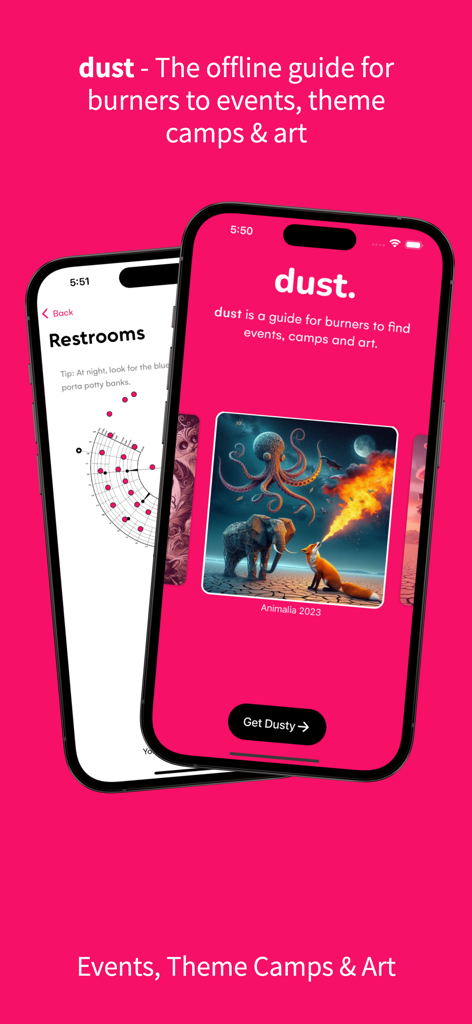 Dust - a guide for burners - Two mobile screens of the Dust app showing the home page with festival art and a map for finding restrooms at Burning Man