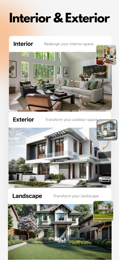 AI Home Design: Interior ARCAI - Aplicativo de design de casas com IA mostrando recursos de redesenho de interiores, exteriores e paisagismo