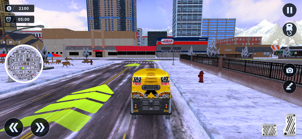 Tuk Tuk Rickshaw Simulator - A yellow auto rickshaw driving through a snowy city street with guiding arrows in the Tuk Tuk Rickshaw Simulator game.