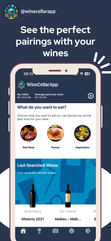 A mobile app interface displaying wine pairing suggestions for different food types like red meat and pasta.