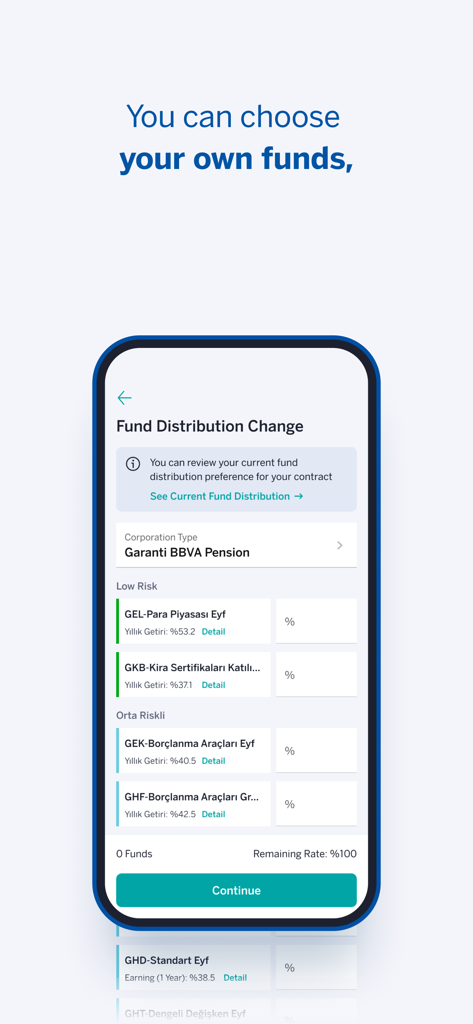 Garanti BBVA Emeklilik Mobile - Interface de l'application Garanti BBVA Emeklilik montrant les options de changement de répartition des fonds avec les niveaux de risque et les rendements annuels.