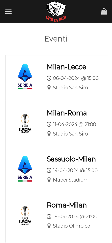 Upcoming match list for AC Milan in the Curva Sud Milano app