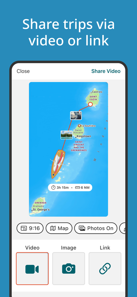 SailTies: Logbook GPS Tracking - SailTies app interface showing options to share a sailing trip route via video or link with a map of the voyage