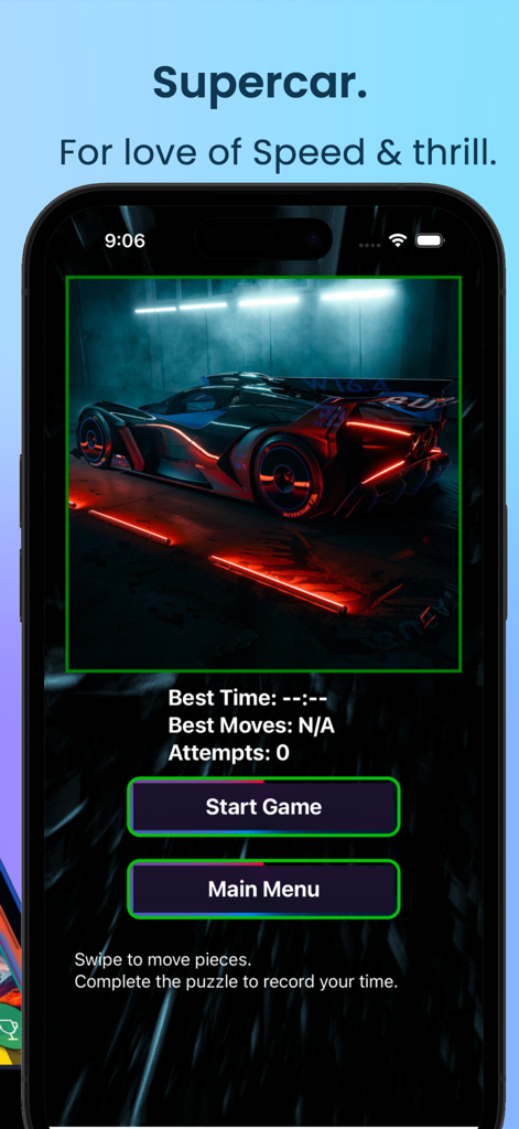 Bugatti Game - Interfaz del menú del juego de rompecabezas de superdeportivos Bugatti mostrando un coche de alto rendimiento y el botón de inicio del juego