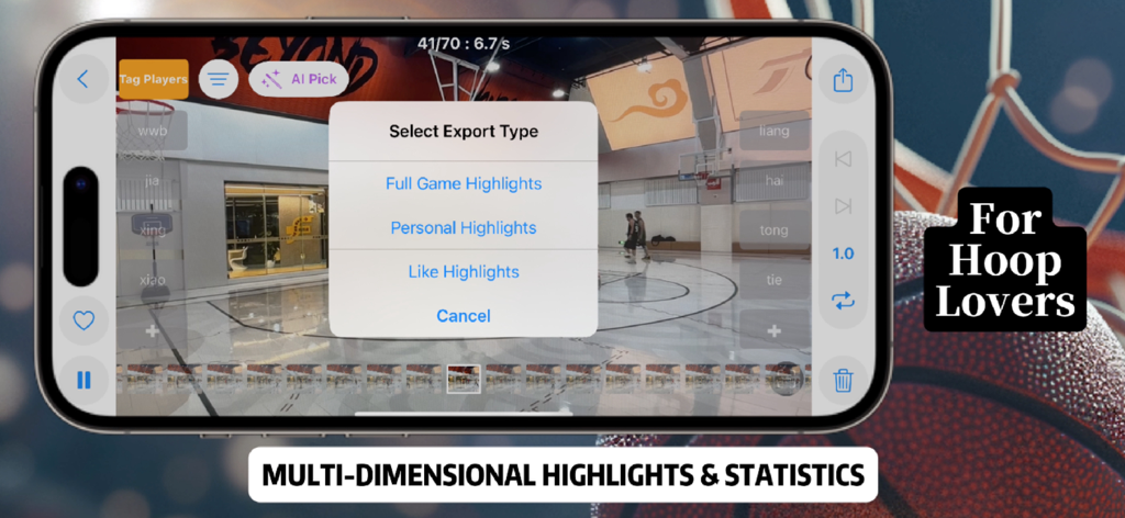 HighlightX - HighlightX app interface showing export options for basketball game highlights and personal reels