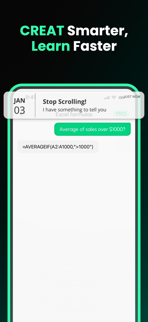 Sheets AI - Formula generator - Eine mobile Chat-Oberfläche, die zeigt, wie die KI aus einer natürlichsprachlichen Abfrage eine Excel-SUMMEWENNS-Formel generiert.