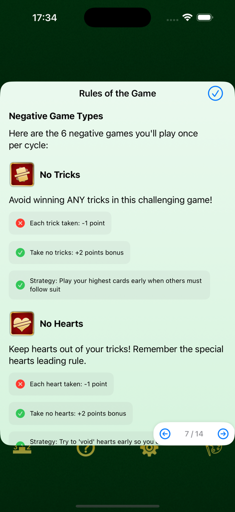 Una pantalla de tutorial de reglas para el juego de tomar trucos King Online que explica los modos negativos como Sin Trucos y Sin Corazones con consejos de puntuación y estrategia.