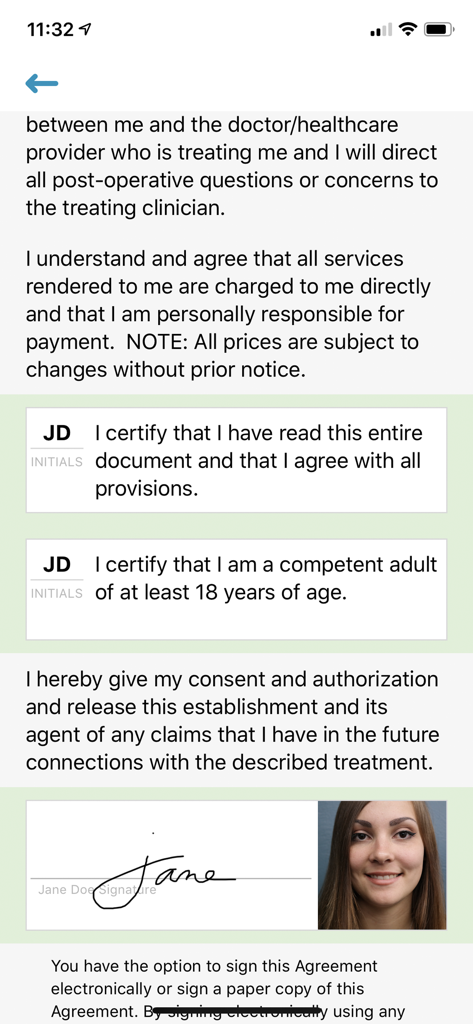 Digital medical consent form showing patient initials and an electronic signature