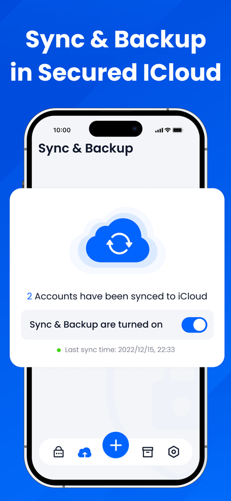 セキュアなアカウントのiCloud同期とバックアップが有効になっていることを示す認証アプリのインターフェース