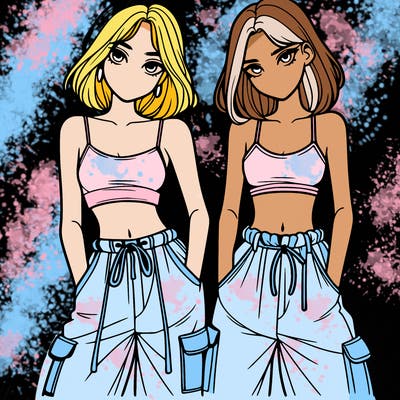 two girls with crop top with baggy pants