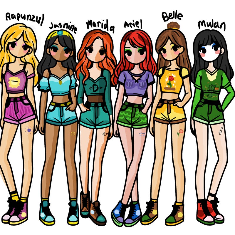 a group of girls wearing crop tops and shorts