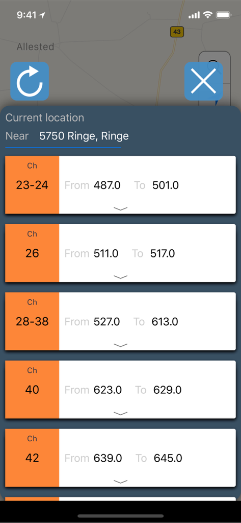 Captura de pantalla de la aplicación MHz mostrando una lista de canales de frecuencia disponibles y sus rangos de frecuencia según la ubicación actual