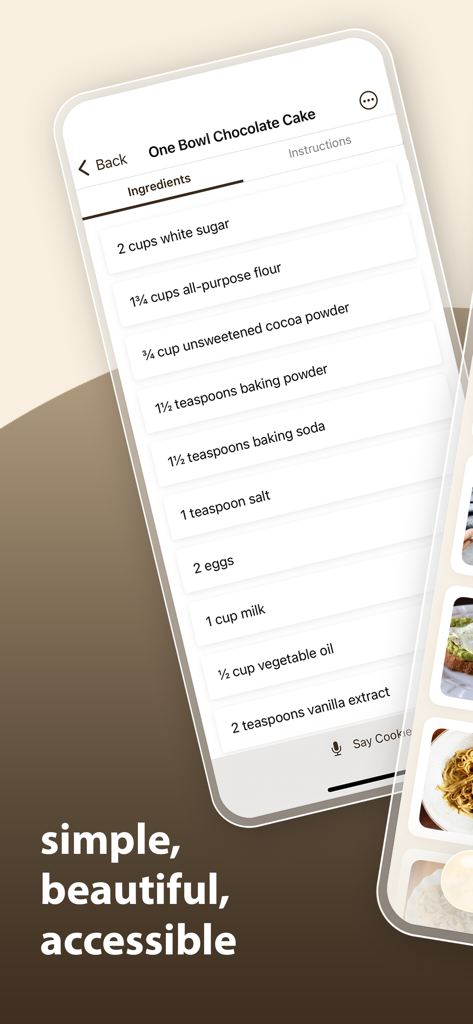 Cookie Voice Recipes - La aplicación Cookie Voice Recipes muestra una lista clara de ingredientes para una receta de pastel de chocolate con una interfaz de comandos de voz