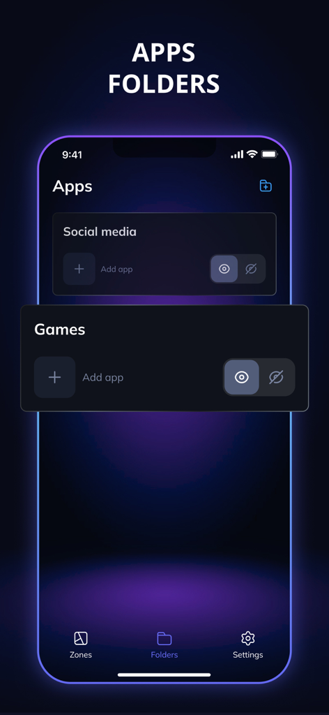 Tela do celular mostrando pastas de aplicativos para bloquear redes sociais e jogos no Shade