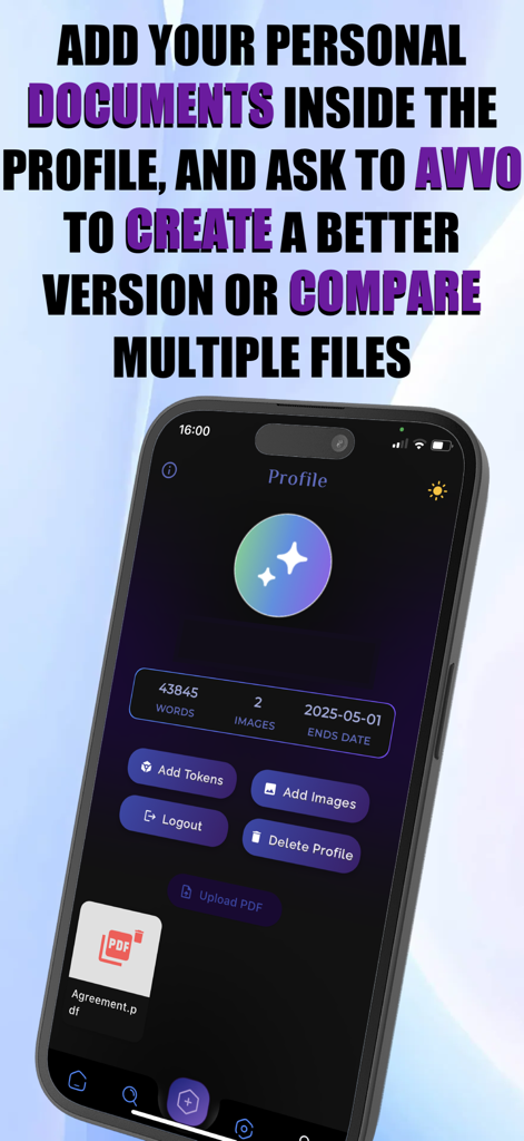 AvvoGPT - AI for Lawyers - Profile screen of AvvoGPT app featuring legal document management and AI analysis tools.