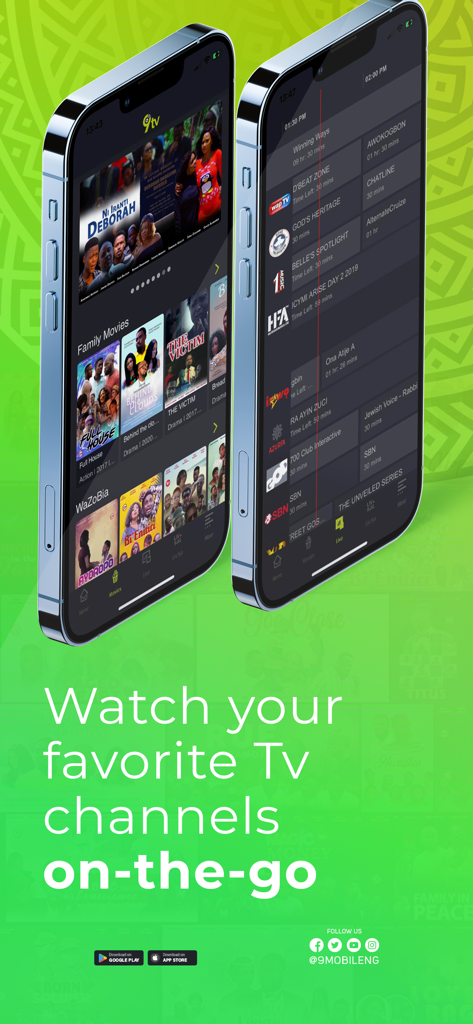 9TV - Deux smartphones affichant l'application 9TV avec une variété de films nigérians et un programme TV en direct.