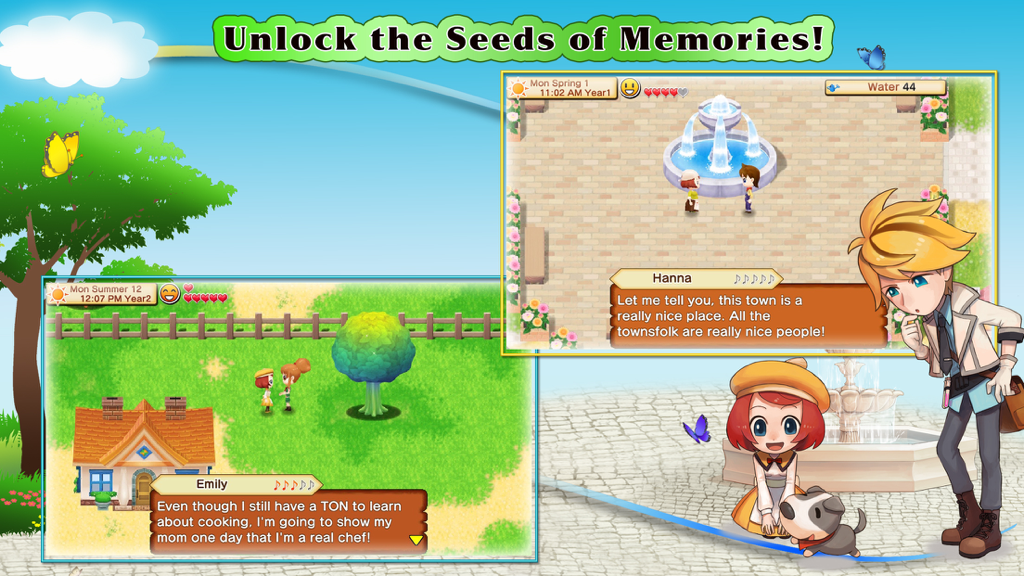 HARVEST MOON: Seeds Of Memories - Screenshot di gioco di dialoghi tra personaggi e interazioni sociali in Harvest Moon Seeds of Memories.