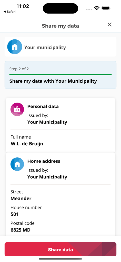 Yivi - Yivi app interface showing a request to share specific personal data and home address with a municipality.