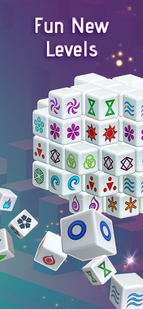 A 3D cube of mahjong tiles with colorful symbols and the text Fun New Levels on a purple background