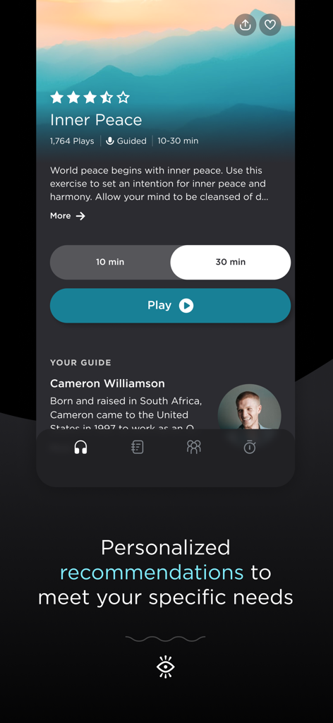 Expand: Beyond Meditation - Interface of the Expand app showing a guided meditation session titled Inner Peace with duration options and a guide profile.