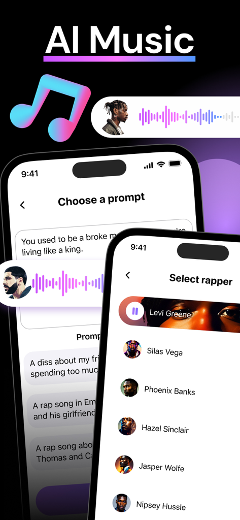 Interface do aplicativo AI Music Maker mostrando telas para escolher um prompt de texto e selecionar uma voz de rapper com IA.