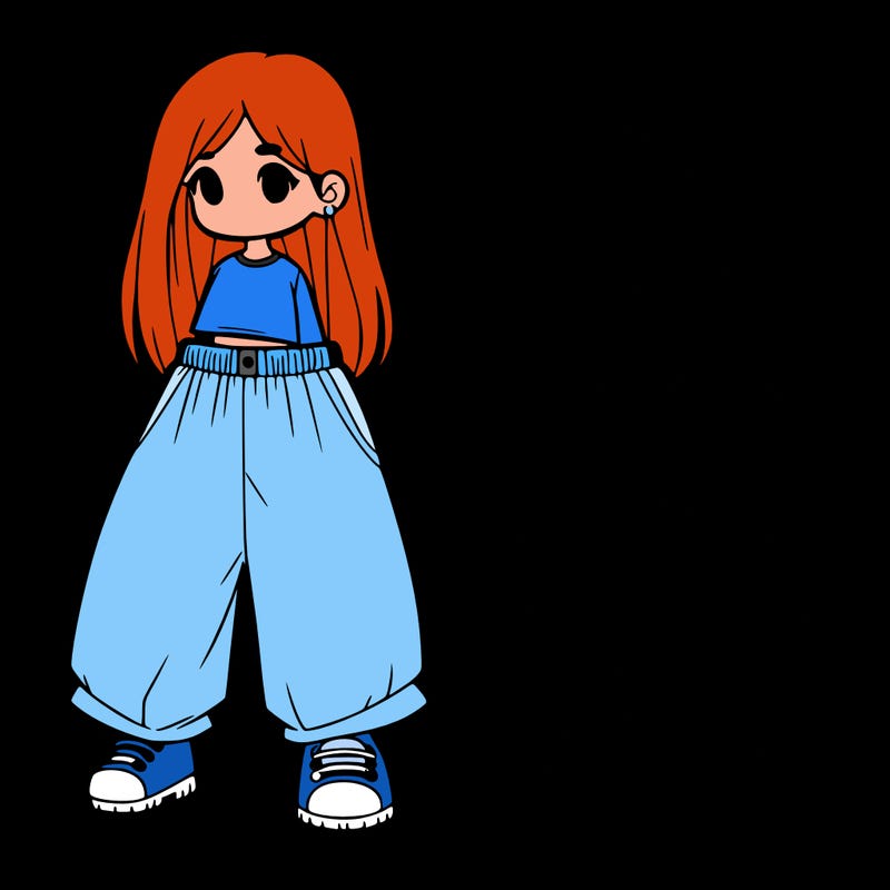 girl with baggy pants and top with long hair