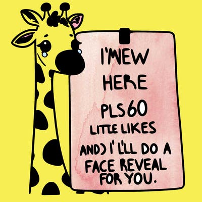 giraffe with a sign that says i’m new here pls 60 likes and i’ll do a face reveal for you