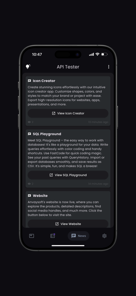 API Tester(Pro) - API Tester Pro app news section displaying developer updates and related productivity tools.