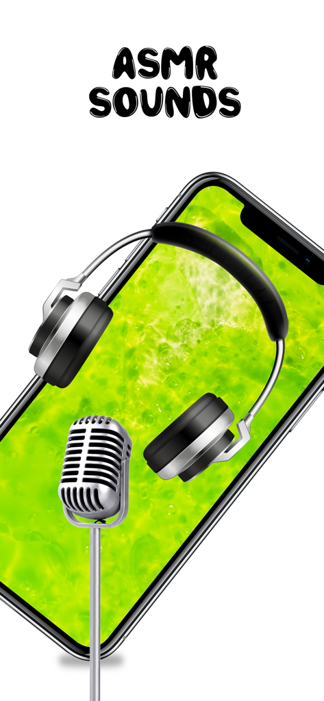 A smartphone screen displaying green slime with a pair of headphones and a microphone to represent ASMR features