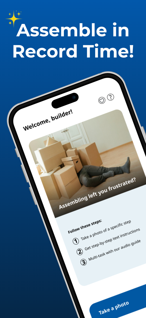 IKEA Assembly Guide - IKEA Assembly Guide app welcome screen showing how to get text and audio instructions by taking a photo of a furniture manual.