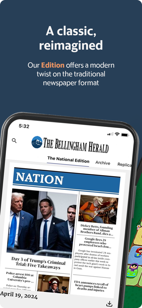 The Bellingham Herald News - Smartphone screen showing the digital edition of The Bellingham Herald news app with headlines in a classic newspaper layout