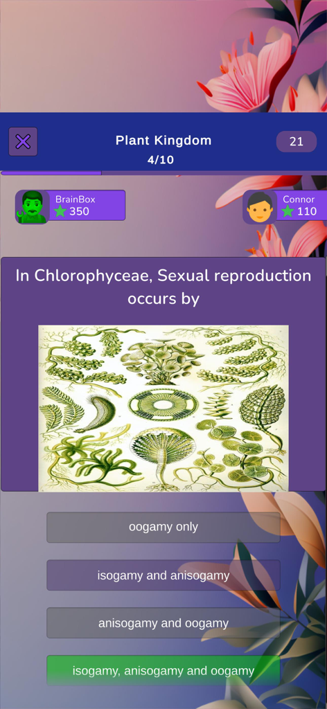 Botany Knowledge Quiz - 植物の生殖に関する問題が表示された、植物学知識クイズアプリのマルチプレイヤークイズ画面。