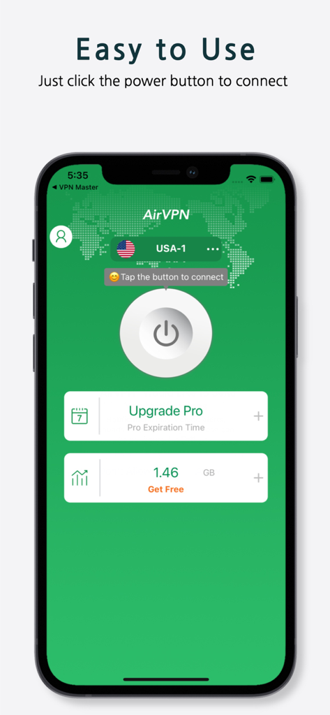 AirVPN-VPN Master WiFi Privacy - AirVPNモバイルアプリのインターフェース。プライバシーのための簡単なワンタップ接続ボタンを強調表示しています。