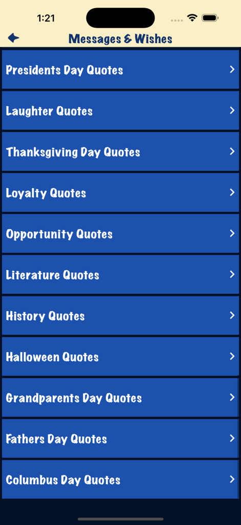 A list of greeting card categories including holiday and theme-based quotes for social sharing.