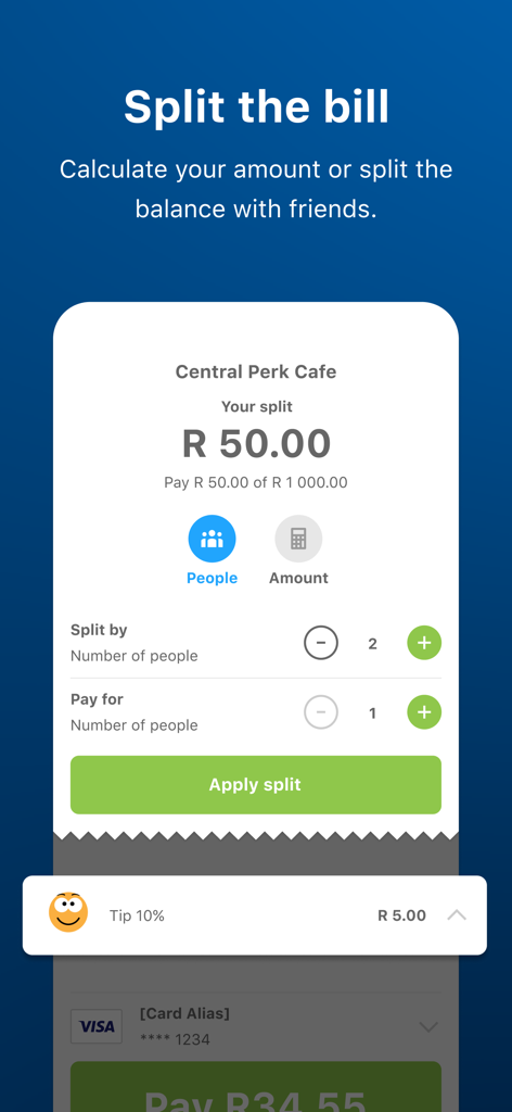 Zapper™ QR Payments & Rewards - A mobile interface for the Zapper app showing the split the bill feature for a cafe payment