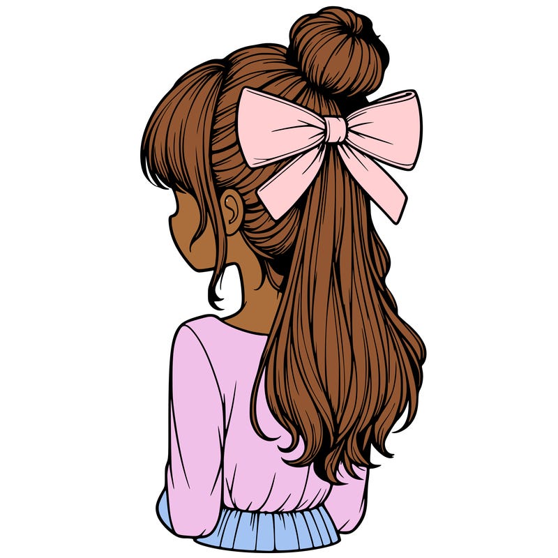 realistic girl  with hip length hair a bun and a big bow on the back of head